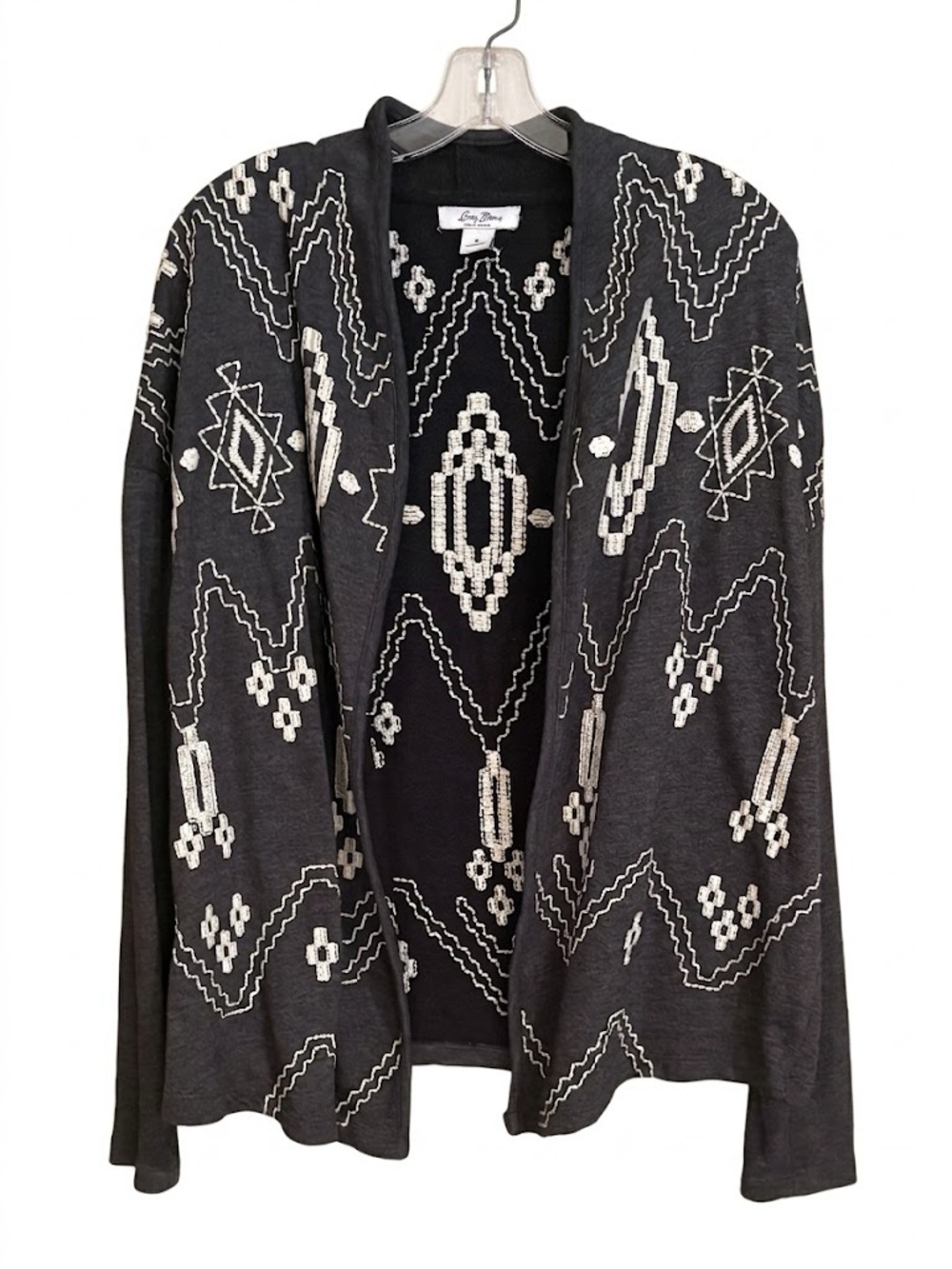 Lucky Bliss Tribal Grey & Cream Embroidered Open-Front Sweater Cardigan